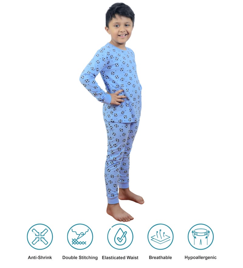 Hestia|H.Nsg.7|Kids Night Suit|Cotton|Night Dress Full Pant Full Sleeves Pajama Set Tshirt|Antirash Fabric|Pyjama Tshirts For Boys|Sleepwear|All Over Football Printed|Blue|2-4Yrs|Set Of 1,2 -4 Years - Image 3