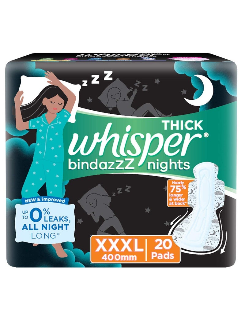 Whisper Whisper bindazz nights sanitry Pads, 20 XXXL PADS, UPTO 0% LEAKS ALL Nights LONG, FOR HEAVY FLOW, 75% LONGER & WIDER BACK, COMFORTABLE CUSHIONY SOFT WINGS, DISPOSABLE WRAPPER  - Image 1