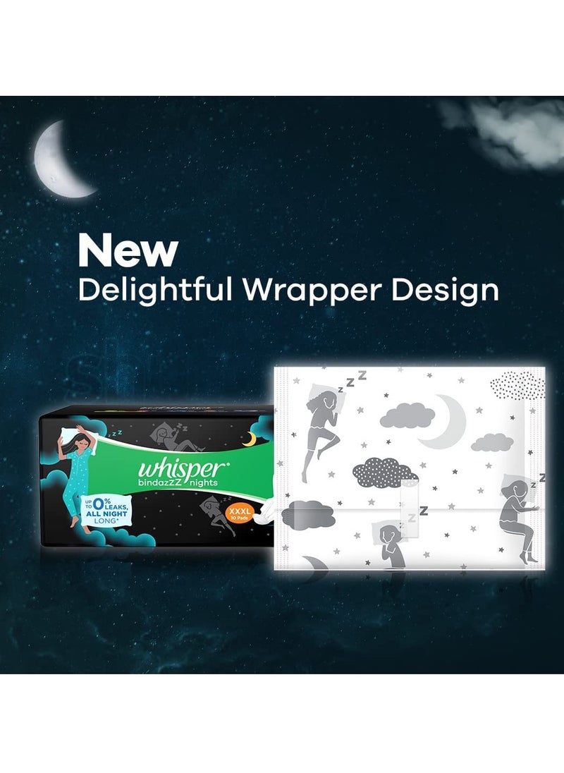 Whisper Whisper bindazz nights sanitry Pads, 20 XXXL PADS, UPTO 0% LEAKS ALL Nights LONG, FOR HEAVY FLOW, 75% LONGER & WIDER BACK, COMFORTABLE CUSHIONY SOFT WINGS, DISPOSABLE WRAPPER  - Image 4