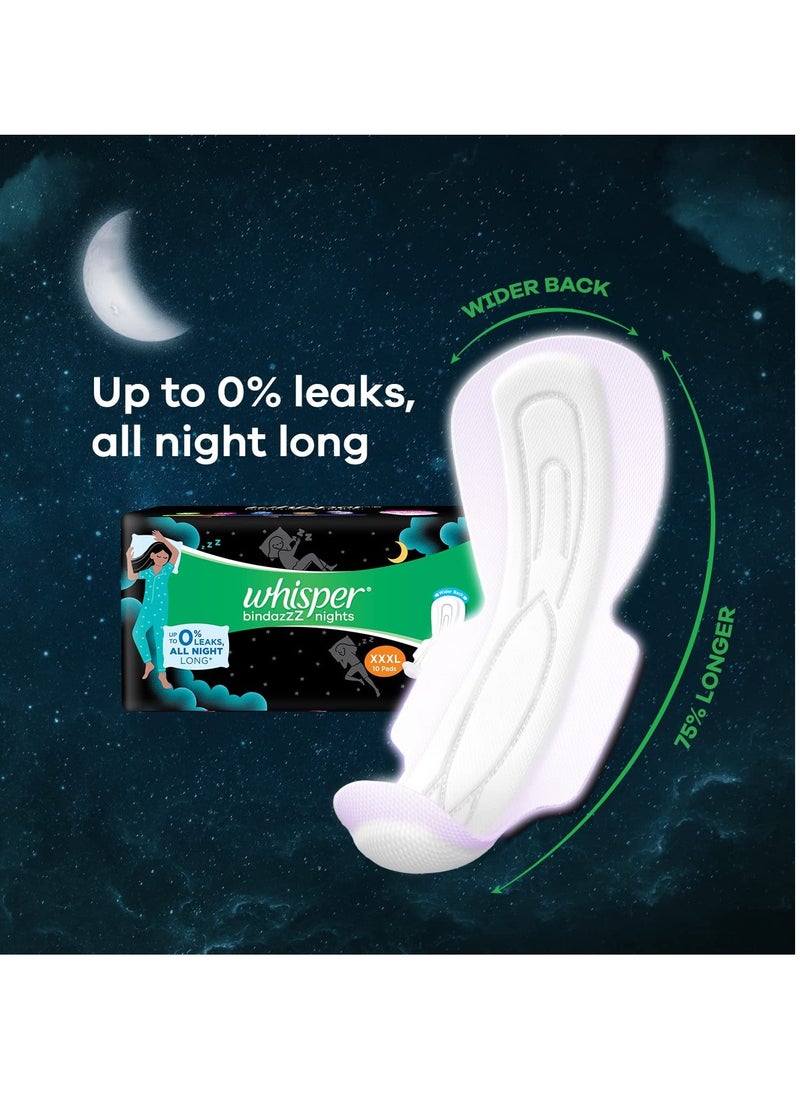 Whisper Whisper bindazz nights sanitry Pads, 20 XXXL PADS, UPTO 0% LEAKS ALL Nights LONG, FOR HEAVY FLOW, 75% LONGER & WIDER BACK, COMFORTABLE CUSHIONY SOFT WINGS, DISPOSABLE WRAPPER  - Image 3