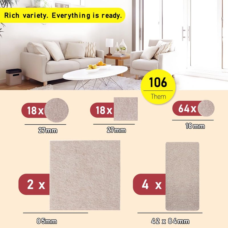 hengfento2 Felt Pads 106 Pcs Beige  Felt Furniture Pads Premium Furniture Pads Felt Furniture Pads For Protecting Hardwood Floors  Assorted Sizes Value Pack  Self-Stick Design  Easy-To-Apply.(106 Pcs Beige) - Image 2