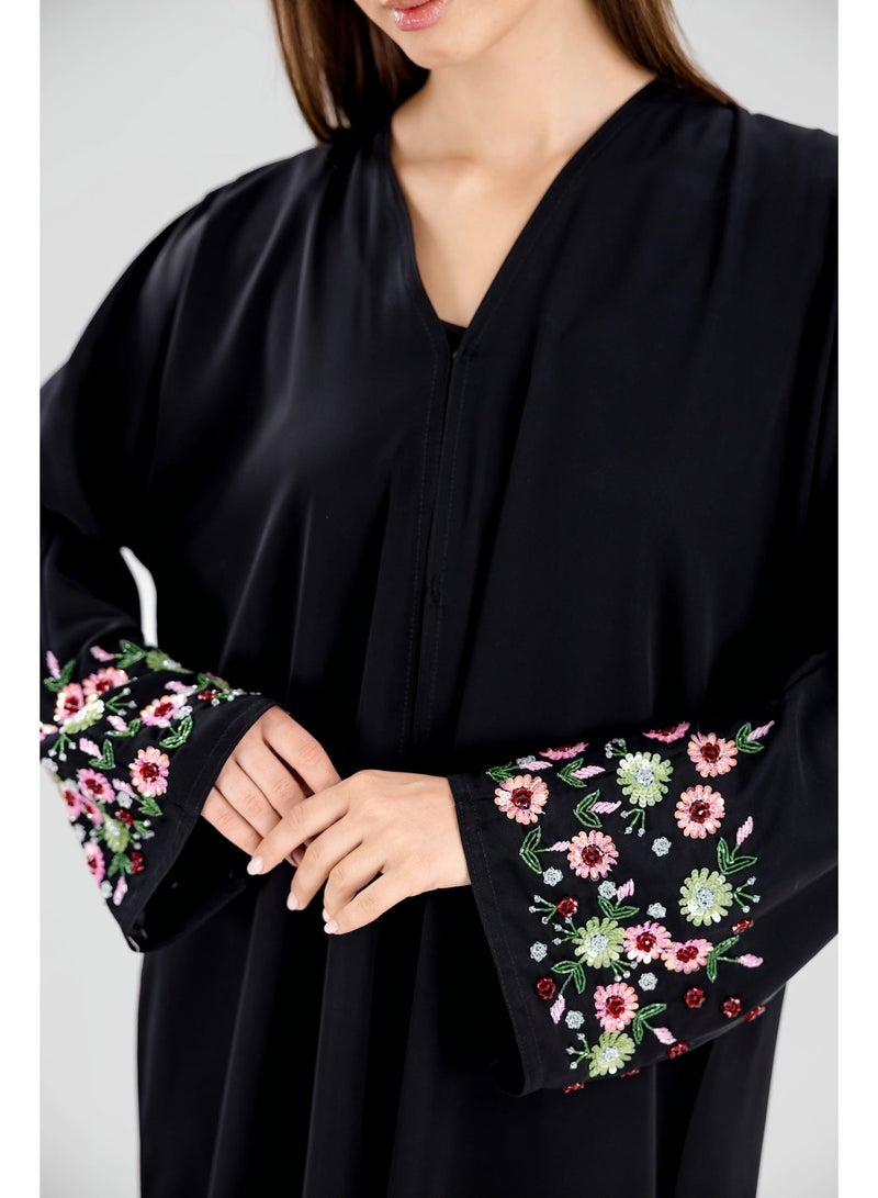 Ophelia Miracle Abaya for Women - Elegant Black with Floral Embroidery - Image 4