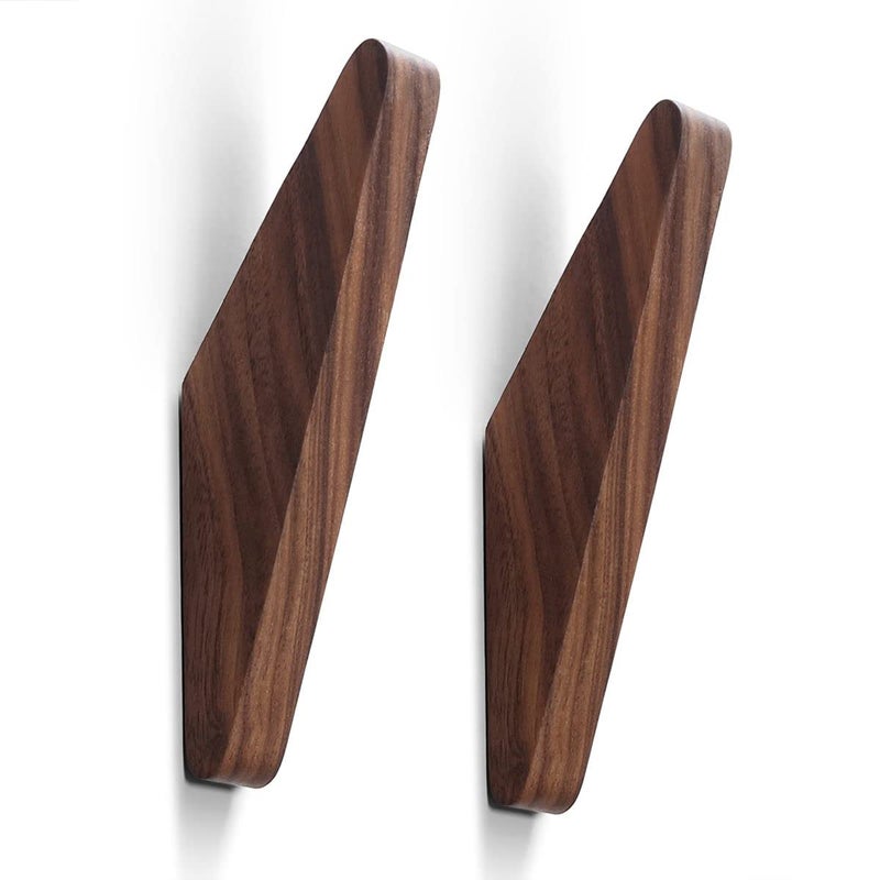 COCOYA 2Pack Wood Hooks Wall Mounted Minimalist Easy Install Natural Real Walnut Cute Mid Century Modern Simple Rustic Home Foyer Entryway Decor for Hanging Hat Cap Backpack Bag Coat Towel Clothes