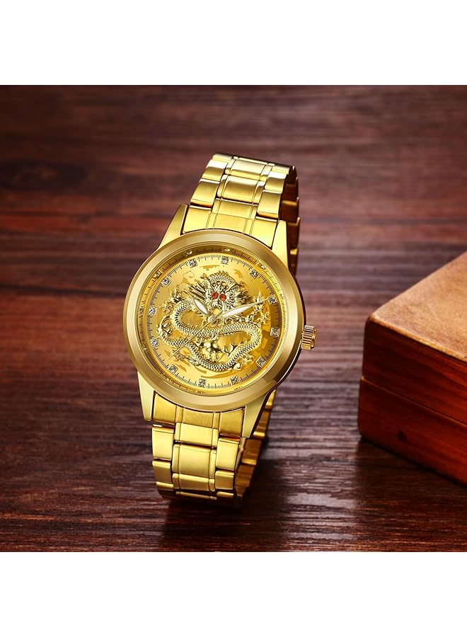 KASTWAVE Men Stainless Steel Quartz Wristwatch With Engraved Dragon Dial Analog Display Luminous Hands Stylish And Durable Timepiece For Everyday Wear - Image 5