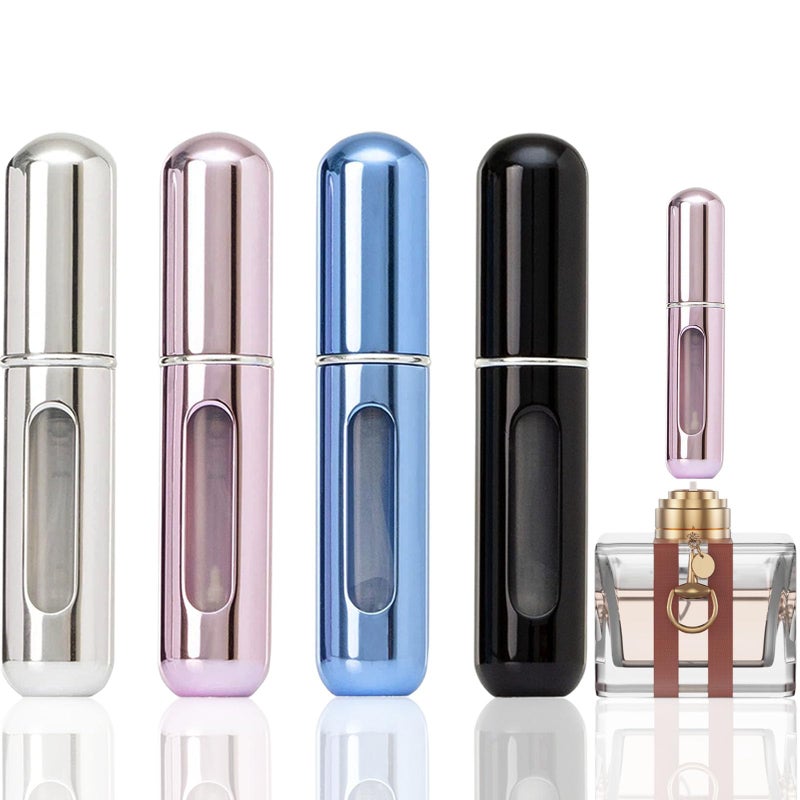 opasyo 4 Pcs Mini Perfume Atomizer Refillable Bottle, 5ml Portable Bottom Fill Scent Dispenser, Leak-Proof Cologne Travel Spray Pump for Purse & Luggage (Silver/Pink/Blue/Black) - Image 1
