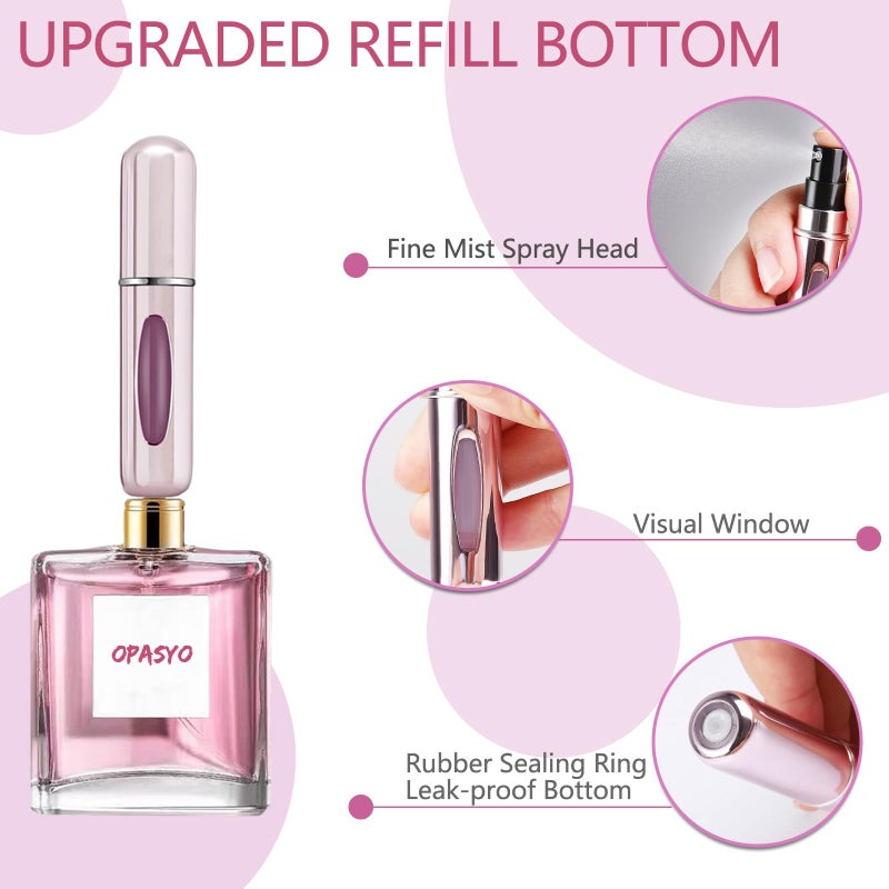 opasyo 4 Pcs Mini Perfume Atomizer Refillable Bottle, 5ml Portable Bottom Fill Scent Dispenser, Leak-Proof Cologne Travel Spray Pump for Purse & Luggage (Silver/Pink/Blue/Black) - Image 4