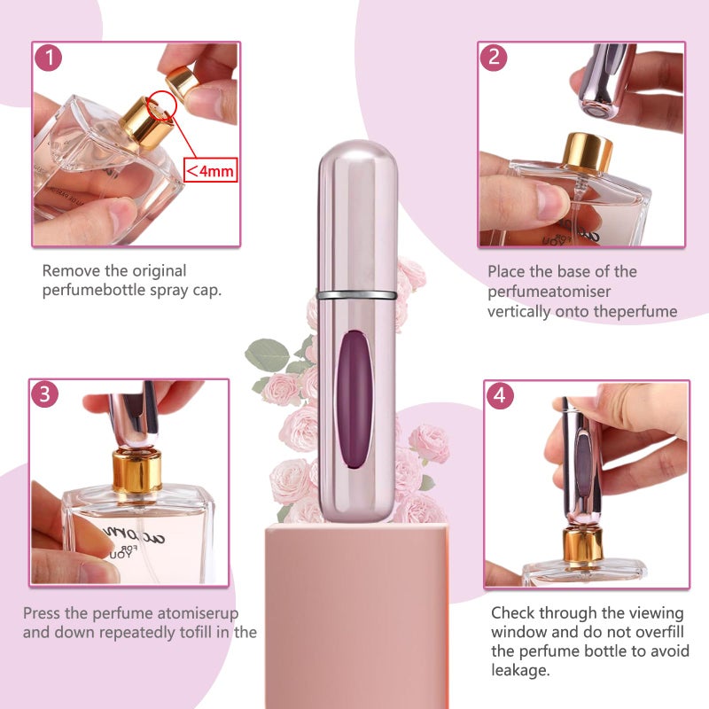 opasyo 4 Pcs Mini Perfume Atomizer Refillable Bottle, 5ml Portable Bottom Fill Scent Dispenser, Leak-Proof Cologne Travel Spray Pump for Purse & Luggage (Silver/Pink/Blue/Black) - Image 5