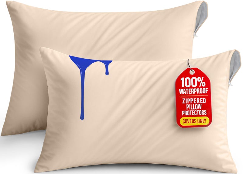 Utopia Bedding Waterproof Pillow Protectors Zippered King Size 2 Pack Beige Zippered Pillowcases Bed Bug Proof Pillow Encasement Covers 20 x 38 Inches