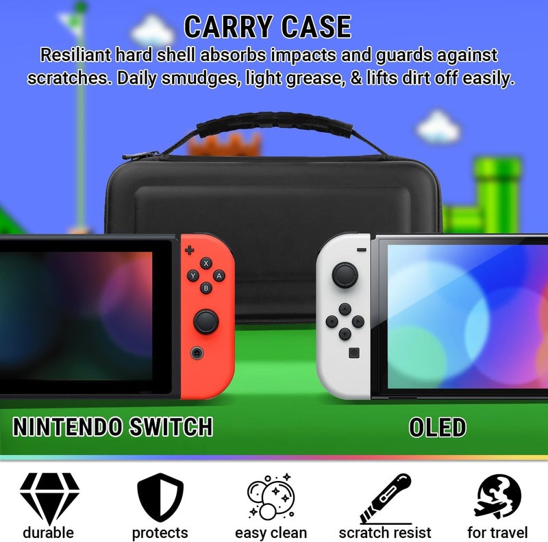 Orzly Switch Accessories Bundle - Geek Pack for Nintendo Switch: Case & Screen Protector, Joycon Grips & Racing Wheels, Switch Controller Charge Dock, Comfort Grip Case & More - JetBlack - Image 4