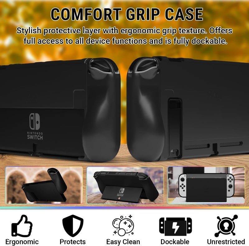 Orzly Switch Accessories Bundle - Geek Pack for Nintendo Switch: Case & Screen Protector, Joycon Grips & Racing Wheels, Switch Controller Charge Dock, Comfort Grip Case & More - JetBlack - Image 3