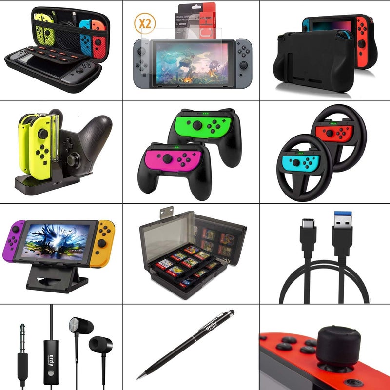 Orzly Switch Accessories Bundle - Geek Pack for Nintendo Switch: Case & Screen Protector, Joycon Grips & Racing Wheels, Switch Controller Charge Dock, Comfort Grip Case & More - JetBlack - Image 2