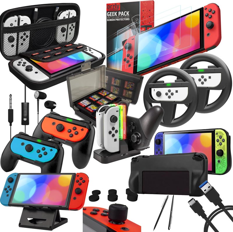 Orzly Switch Accessories Bundle - Geek Pack for Nintendo Switch: Case & Screen Protector, Joycon Grips & Racing Wheels, Switch Controller Charge Dock, Comfort Grip Case & More - JetBlack - Image 1