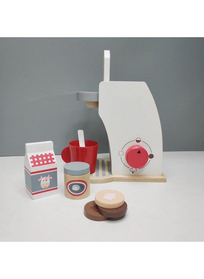 Children's Play Kitchen Toy Set Wooden Girls Tableware Cooking Rice Bread Machine Ice Cream Toy-Color:White Coffee Machine - Image 1