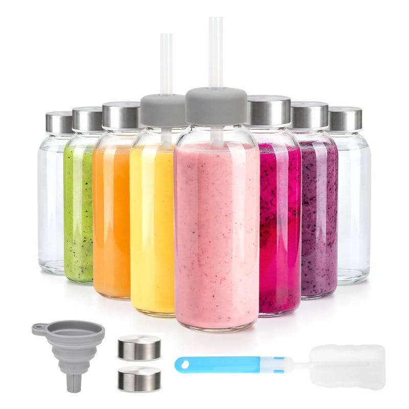 Zukro Glass Water Bottles with Lids 12 oz, Reusable Clear Juice Bottles With Stainless Steel Airtight Cap for Juicing, 100% Leak Proof Juice Drinking Jar for Ginger and Milk, BPA Free, Set of 8 - Image 1