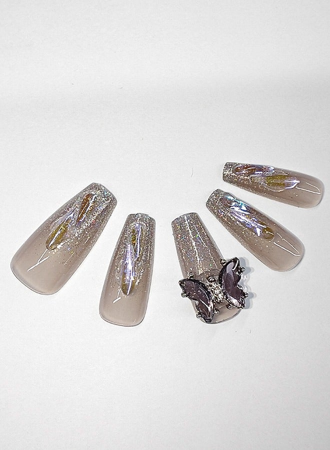 نيبمينينت 24 قطعة أظافر صناعية، أظافر صناعية في علبة، رأس مسطح متوسط الطول بلون رمادي أرجواني لامع، أظافر صناعية لامعة، فراشة شفافة أرجوانية داكنة، زركون، رقعة أظافر صناعية - Image 2