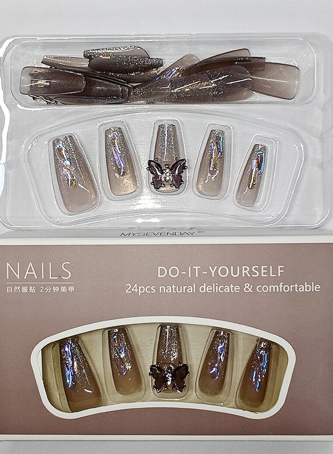 نيبمينينت 24 قطعة أظافر صناعية، أظافر صناعية في علبة، رأس مسطح متوسط الطول بلون رمادي أرجواني لامع، أظافر صناعية لامعة، فراشة شفافة أرجوانية داكنة، زركون، رقعة أظافر صناعية - Image 3