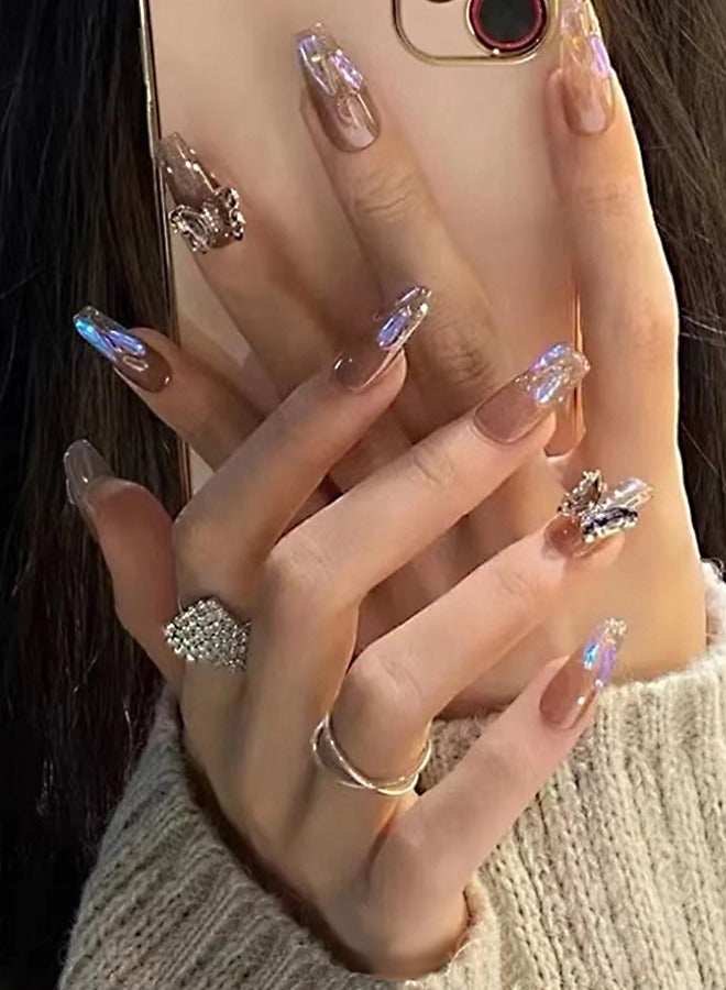 نيبمينينت 24 قطعة أظافر صناعية، أظافر صناعية في علبة، رأس مسطح متوسط الطول بلون رمادي أرجواني لامع، أظافر صناعية لامعة، فراشة شفافة أرجوانية داكنة، زركون، رقعة أظافر صناعية - Image 1