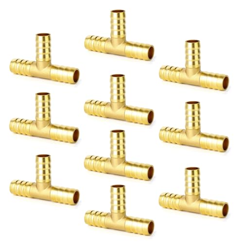 GASHER 10 Pieces Brass Hose Barb Tee, 3-Way Tee Hose Fitting (1/4" x 1/4" x 1/4" Hose Barb) - Image 1