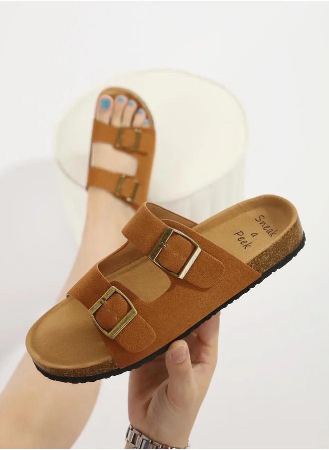 Sneak-a-Peek Double Buckle Accent Flat Sandals