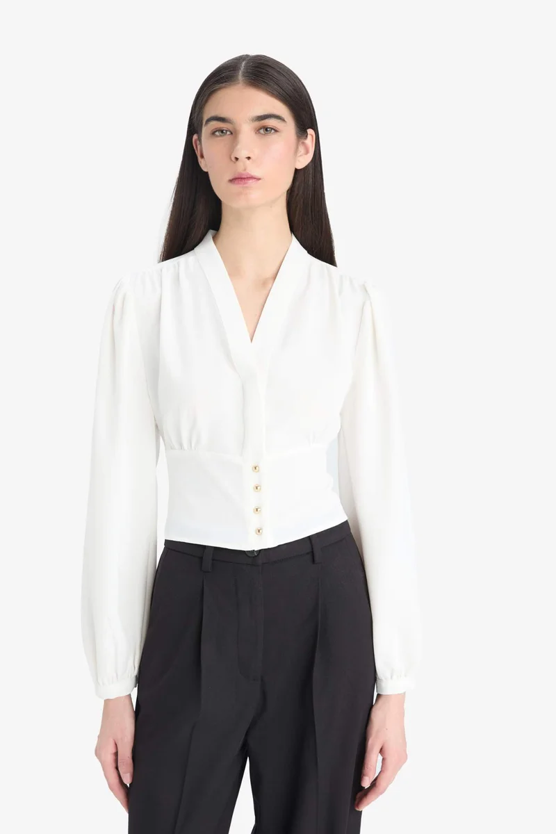 ديفاكتو Slim Fit V-Neck Long Sleeve Blouse