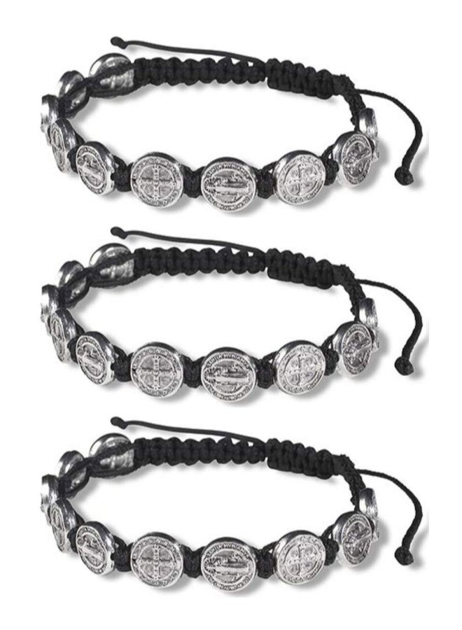 CB Silver Tone Saint Benedict Medal on Adjustable Black Cord Wrist Bracelet, 8 Inch, Pack of 3 - Image 1