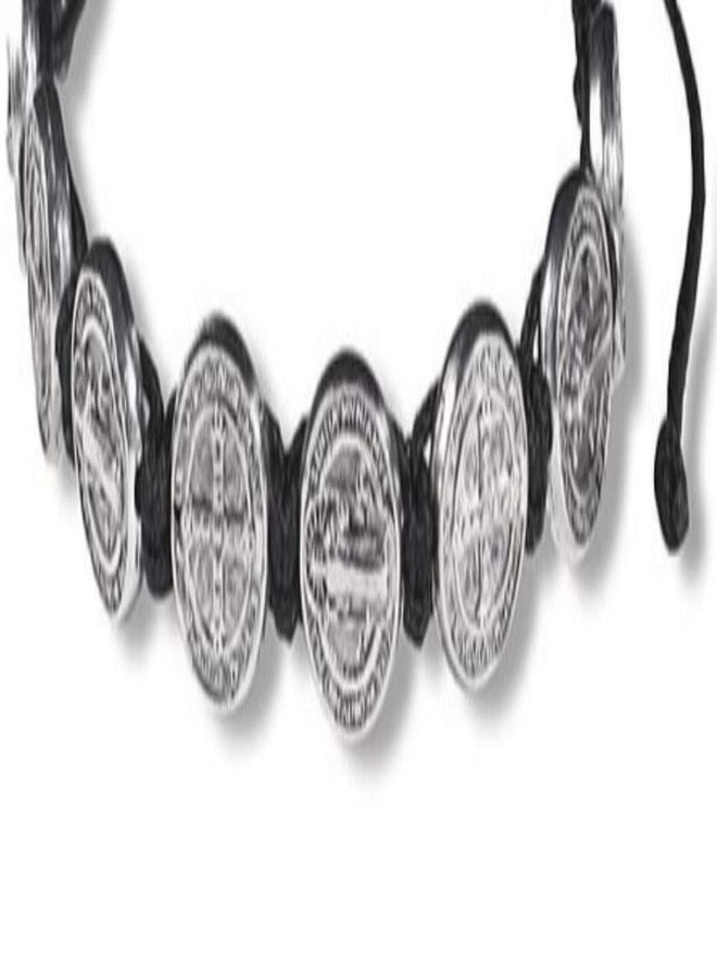 CB Silver Tone Saint Benedict Medal on Adjustable Black Cord Wrist Bracelet, 8 Inch, Pack of 3 - Image 3