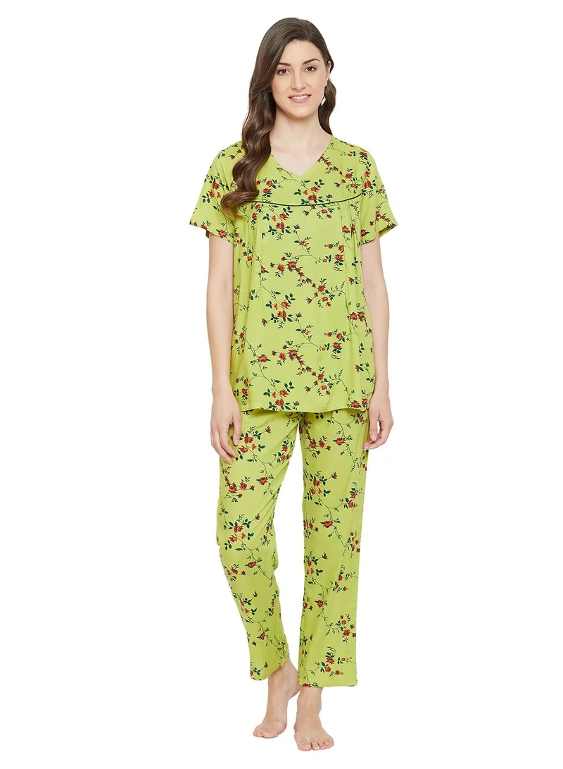 كلوفيا Clovia Feeding Pretty Florals Top and Pyjama in Light Green - 100% Cotton