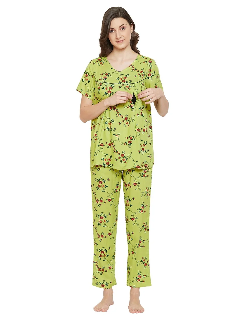 كلوفيا Clovia Feeding Pretty Florals Top and Pyjama in Light Green - 100% Cotton