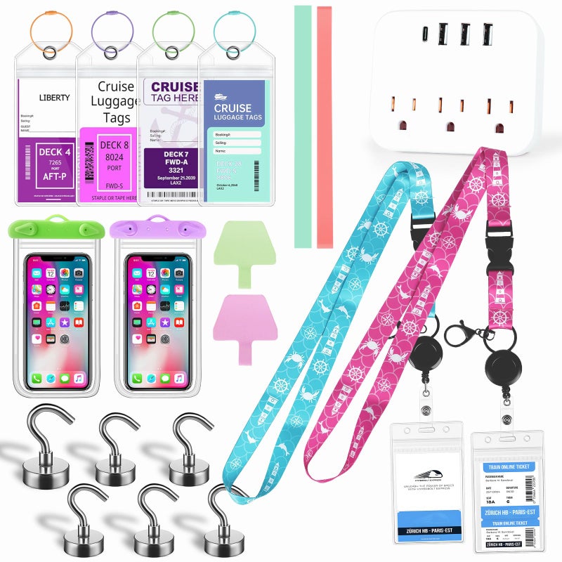 JINIOHEE Cruise Ship Essentials Kit 2026, Cruise and Vacation Essentials Including Cruise Lanyard, Power Strip, Magnetic Hooks, Luggage Tag Holder, Towel Bnad, Phone Pounch, Phone Patches for All Cruise Lines - Image 1