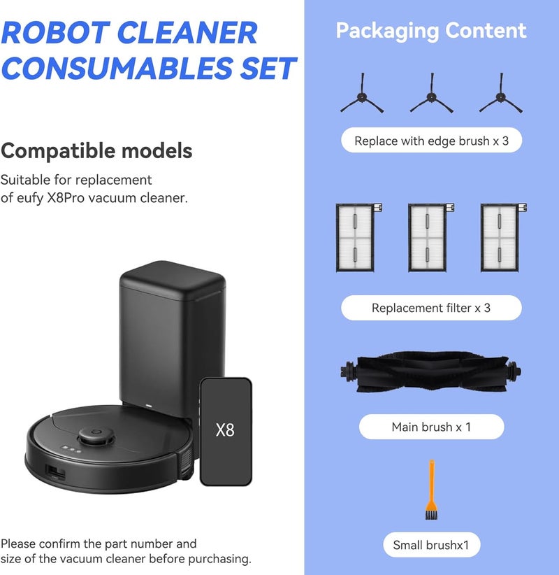 GreeSuit Replacement Parts For Eufy x8 Pro Series Robot Vacuum Cleaner 8 Pcs - x8 Pro Accessories Kit, 1 Main Brushes,1 Brush, 3 Hybrid Accessory Filters, 3 Side Brushes - Image 2