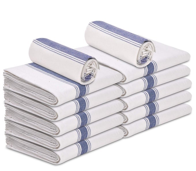 KITCHEN DISH TOWELS 100 COTTON WHITE FLOUR SACK TEA CLOTH WITH BLUE HERRINGBONE STRIPE PACK OF 12 PERFECT CLASSIC DISH TOWEL 15 X 25 DISHCLOTHS FOR BARS KITCHENS COUNTERS ETC