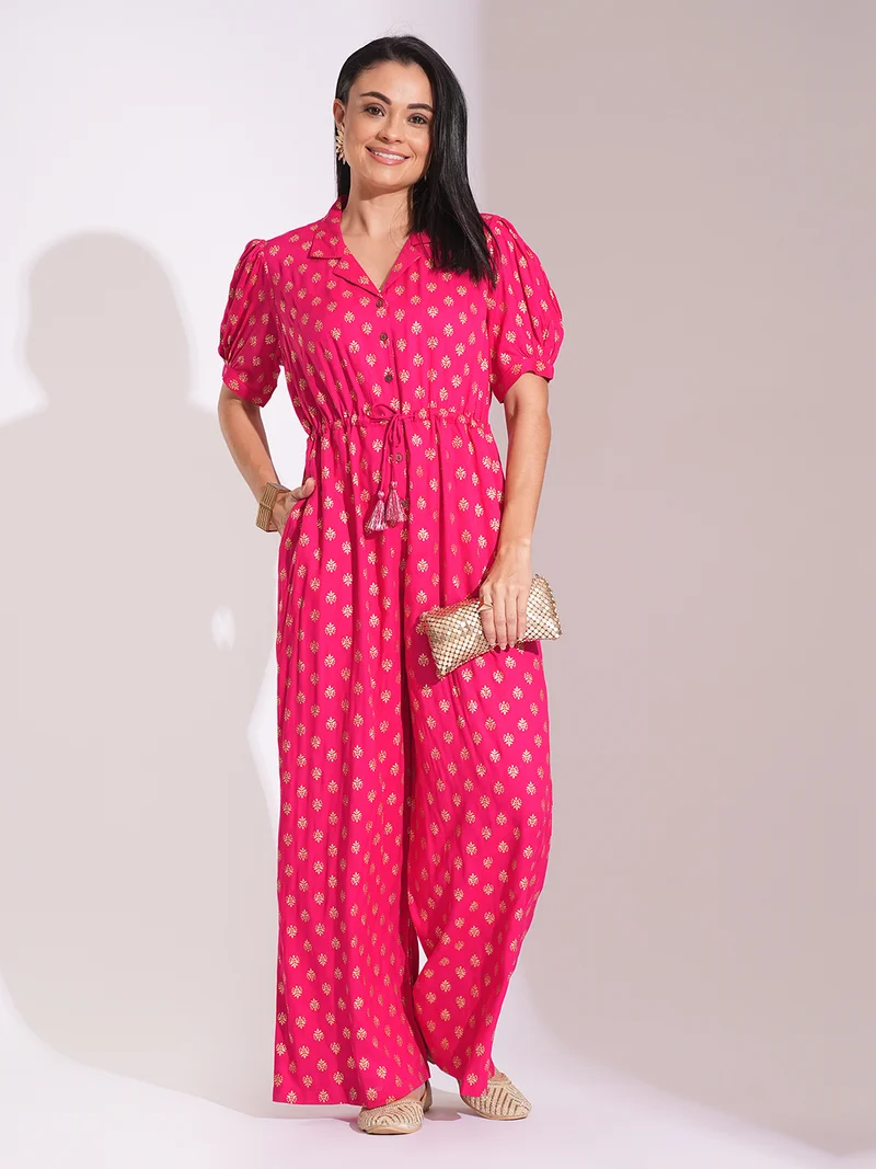 globus Women Notched Lapel Puff Sleeves Ethnic Foil Print Tie-Up Tassel Detail Fusion Jumpsuit