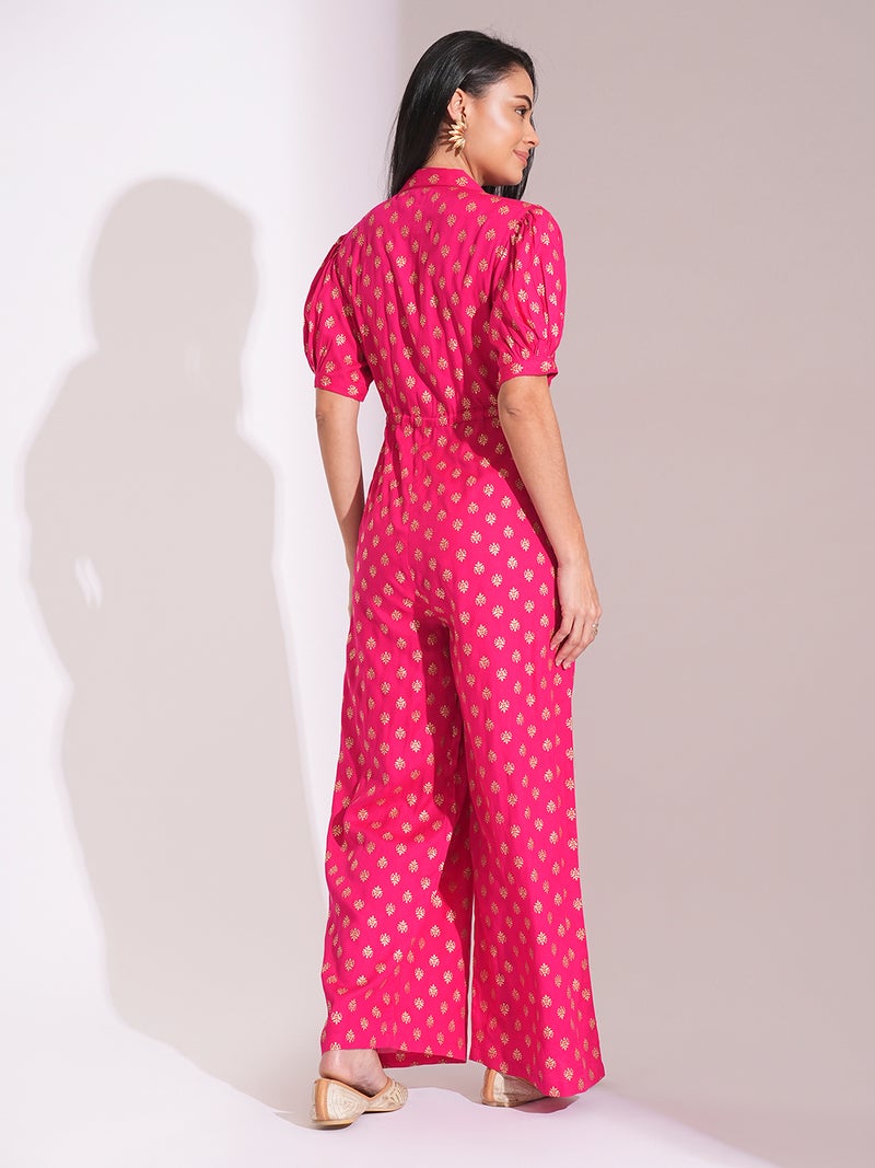 globus Globus Women Notched Lapel Puff Sleeves Ethnic Foil Print Tie-Up Tassel Detail Fusion Jumpsuit - Image 3
