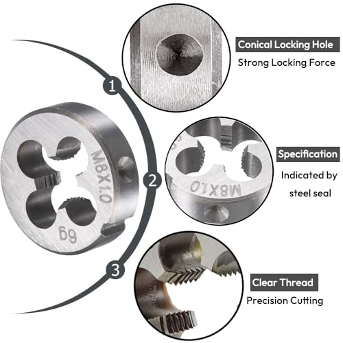 Saipe M8 X 1.0 Metric Tap and Die Set m8 X 1mm HSS Straight Fluted Machine Thread Right Hand Screw Tap and Round Threading Die - Image 3