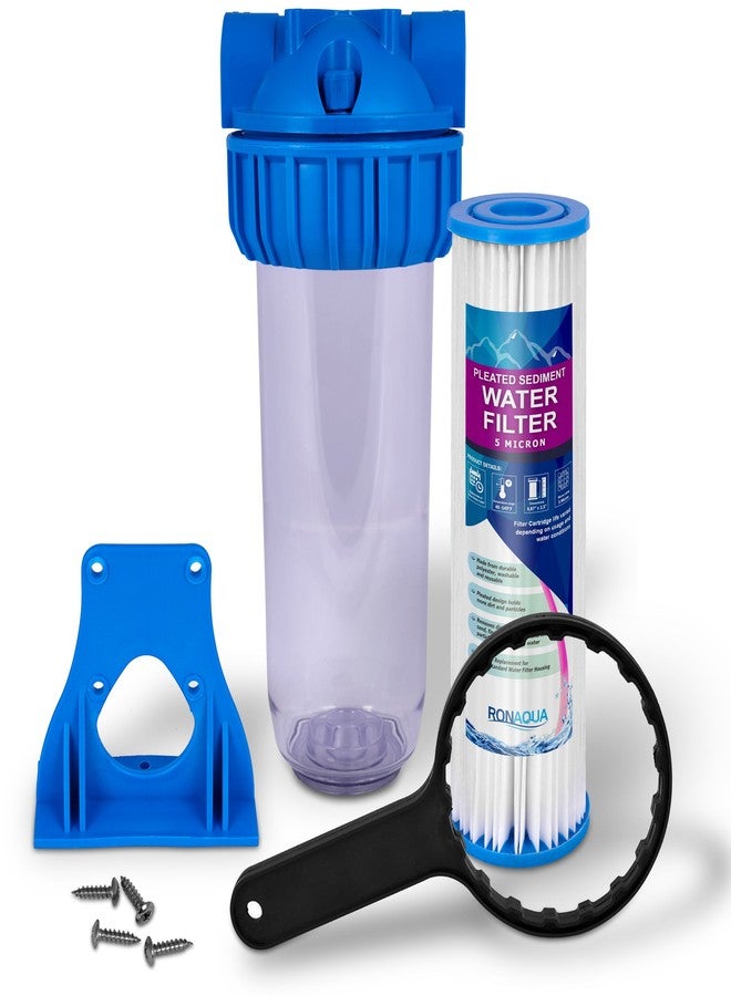 Ronaqua 10" Clear Standard Transparent Whole House Water Filter System with Presser Relief Button, 3/4” Inlet/Outlet Brass Port & 5 Micron Pleated Sediment Water Cartridge, Meets NSF Standards & Regulations - Image 1