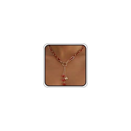 YNZGYBY Red Rope Puffy Heart Pendant Necklace for Women Dainty Gold Paperclip OT Buckle Choker Love Bead Chain Y Necklaces Trendy Jewelry Tassel Accessories Gifts (Red) - Image 1