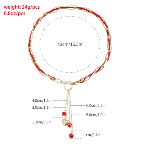 YNZGYBY Red Rope Puffy Heart Pendant Necklace for Women Dainty Gold Paperclip OT Buckle Choker Love Bead Chain Y Necklaces Trendy Jewelry Tassel Accessories Gifts (Red) - Image 3