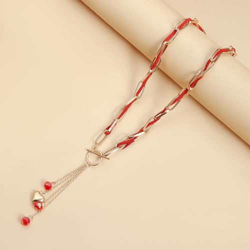 YNZGYBY Red Rope Puffy Heart Pendant Necklace for Women Dainty Gold Paperclip OT Buckle Choker Love Bead Chain Y Necklaces Trendy Jewelry Tassel Accessories Gifts (Red) - Image 5