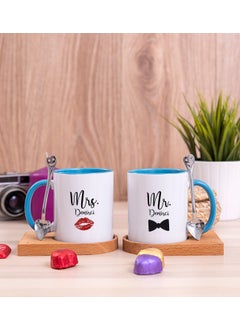 Hediye Dükkanı Gift Shop Personalized Mr Mrs Designed Double Blue Mug with Wooden Base 