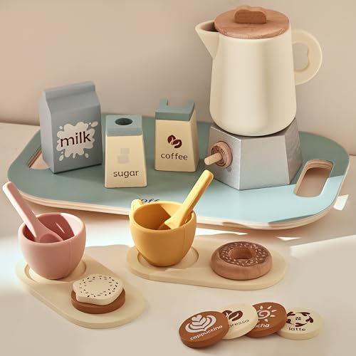 EERKEOD Tea Party Set for Kids Wooden Tea Sets for Toddler Girl Toys Pretend Play for Little Girls Kitchen Play Food Accessories Sets Wooden Educational Toys Gifts with Silicone - Image 1