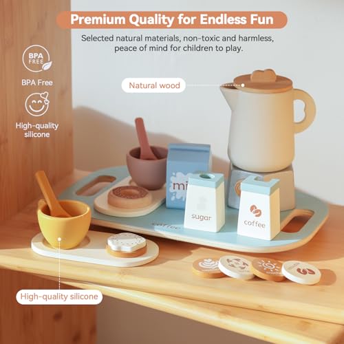 EERKEOD Tea Party Set for Kids Wooden Tea Sets for Toddler Girl Toys Pretend Play for Little Girls Kitchen Play Food Accessories Sets Wooden Educational Toys Gifts with Silicone - Image 5
