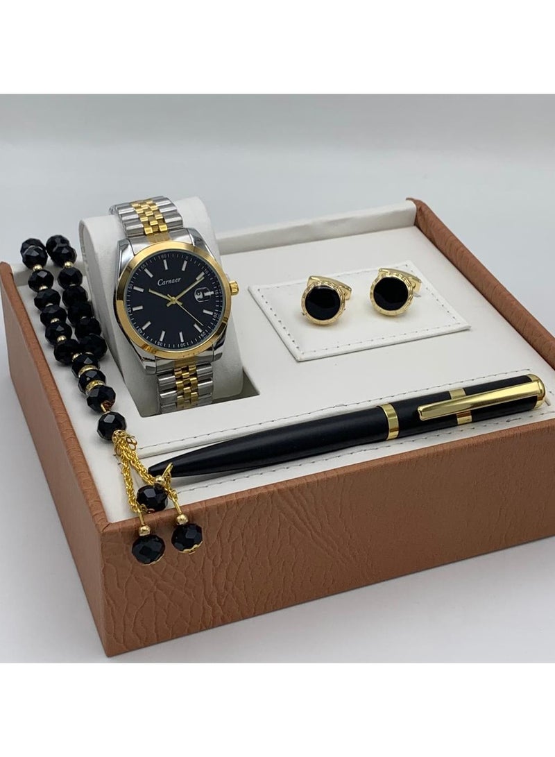 Men's set from Carnaer, consisting of fuor pieces: a watch, a pen, cufflinks, and a rosary.
