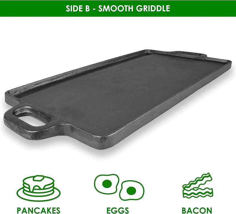 ProSource 2-in-1 Reversible 19.5” x 9” Cast Iron Griddle with Handles, Preseasoned & Non-Stick for Gas Stovetop, Oven and Open Fire. - Image 4