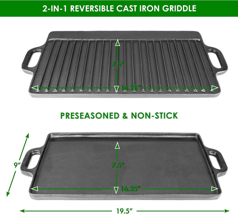 ProSource 2-in-1 Reversible 19.5” x 9” Cast Iron Griddle with Handles, Preseasoned & Non-Stick for Gas Stovetop, Oven and Open Fire. - Image 2