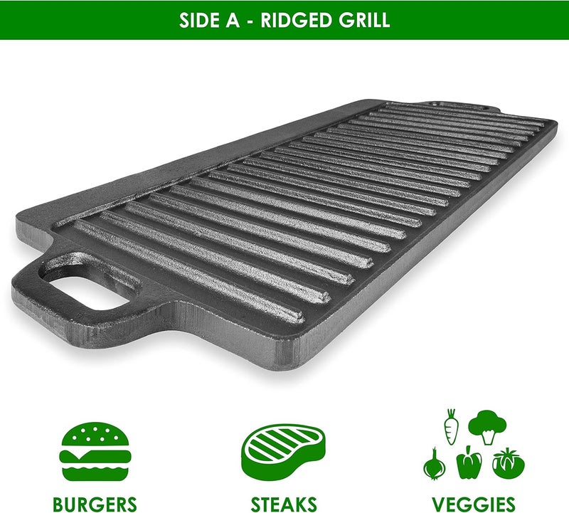 ProSource 2-in-1 Reversible 19.5” x 9” Cast Iron Griddle with Handles, Preseasoned & Non-Stick for Gas Stovetop, Oven and Open Fire. - Image 3