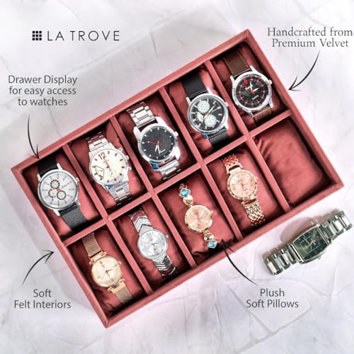 La Trove Watch and Bracelet Organizer Tray for Men & Women | 10 Slot Storage Holder for Wardrobe Drawer Closet | Luxury Display Organizer for Watches, Bracelets & Accessories | Dark Pink - Image 3