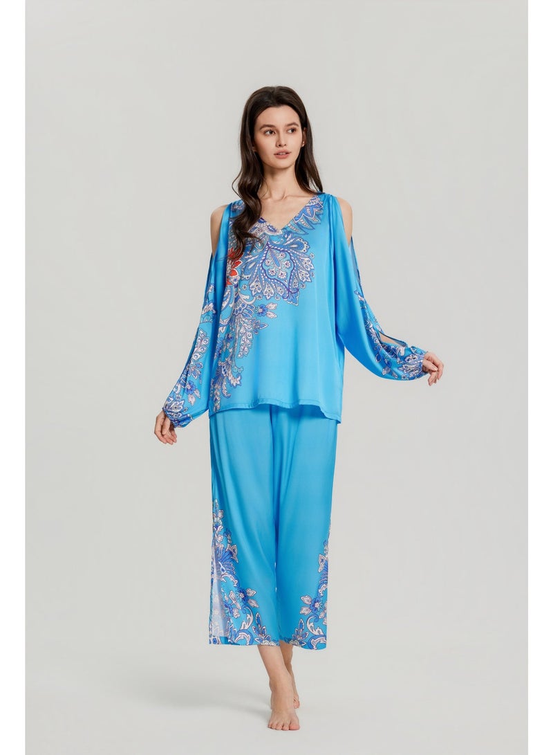 MASHUCK Luxury Royal Blue Off-Shoulder V-Neck Pajama Set - Silky Satin Printed Sleepwear - Loose Fit 2-Piece Lounge Suit - Image 1