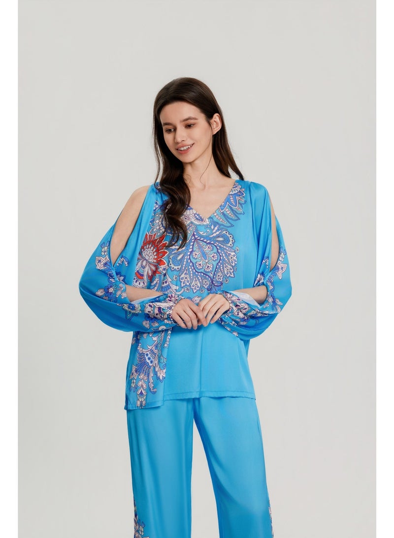MASHUCK Luxury Royal Blue Off-Shoulder V-Neck Pajama Set - Silky Satin Printed Sleepwear - Loose Fit 2-Piece Lounge Suit - Image 3