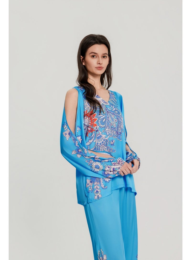 MASHUCK Luxury Royal Blue Off-Shoulder V-Neck Pajama Set - Silky Satin Printed Sleepwear - Loose Fit 2-Piece Lounge Suit - Image 4