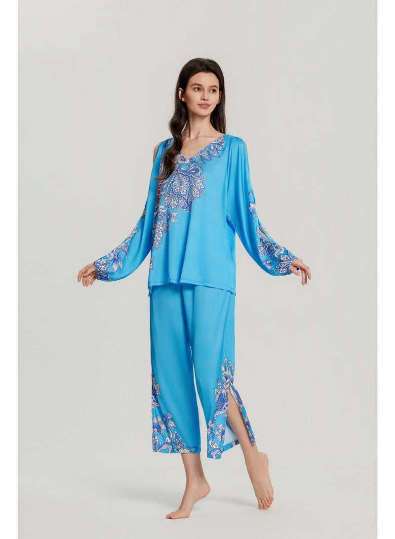 MASHUCK Luxury Royal Blue Off-Shoulder V-Neck Pajama Set - Silky Satin Printed Sleepwear - Loose Fit 2-Piece Lounge Suit - Image 2